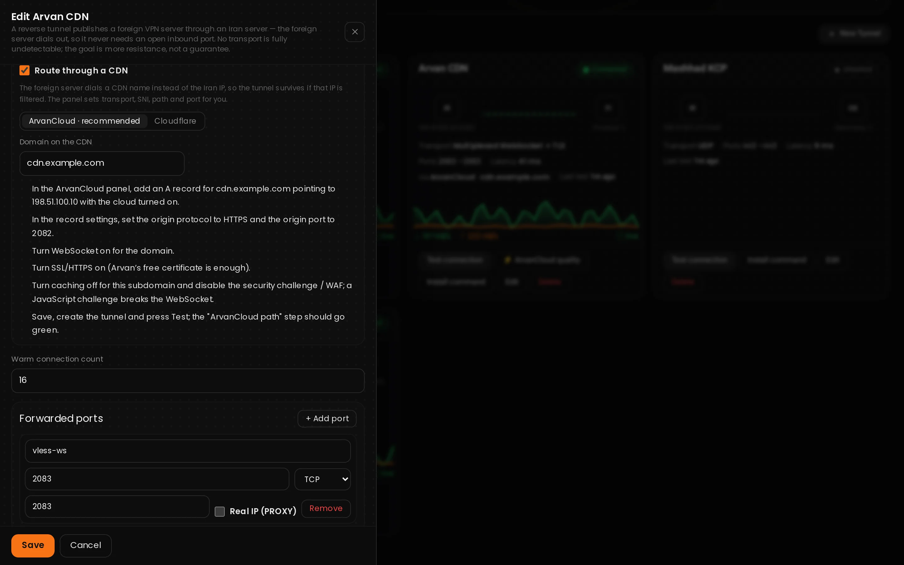 A tunnel routed through ArvanCloud with its setup checklist