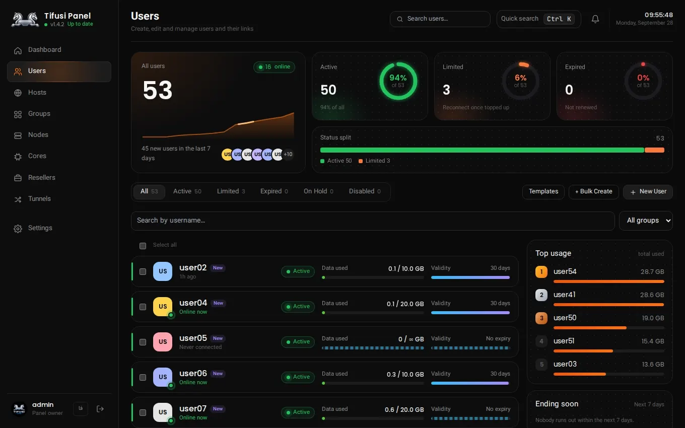 Users: live stats, top usage and the user list